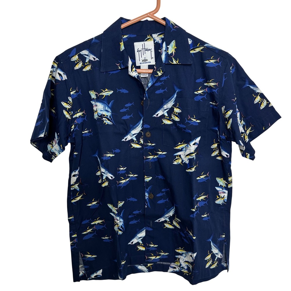 Guy‎ Harvey AFTCO Bluewater button down fishing shirt shark tuna print medium